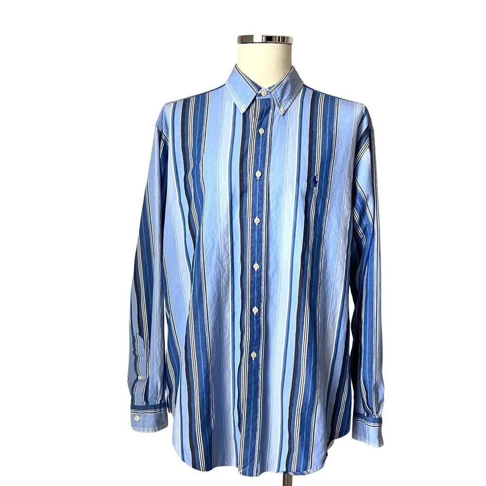 Vintage Polo Ralph Lauren Y2K Mens XL Classic Fit Blue Striped Button Down Shirt